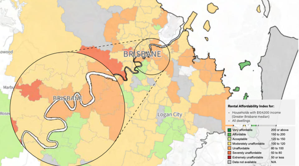 A map of Brisbane showing housing affordability rankings.