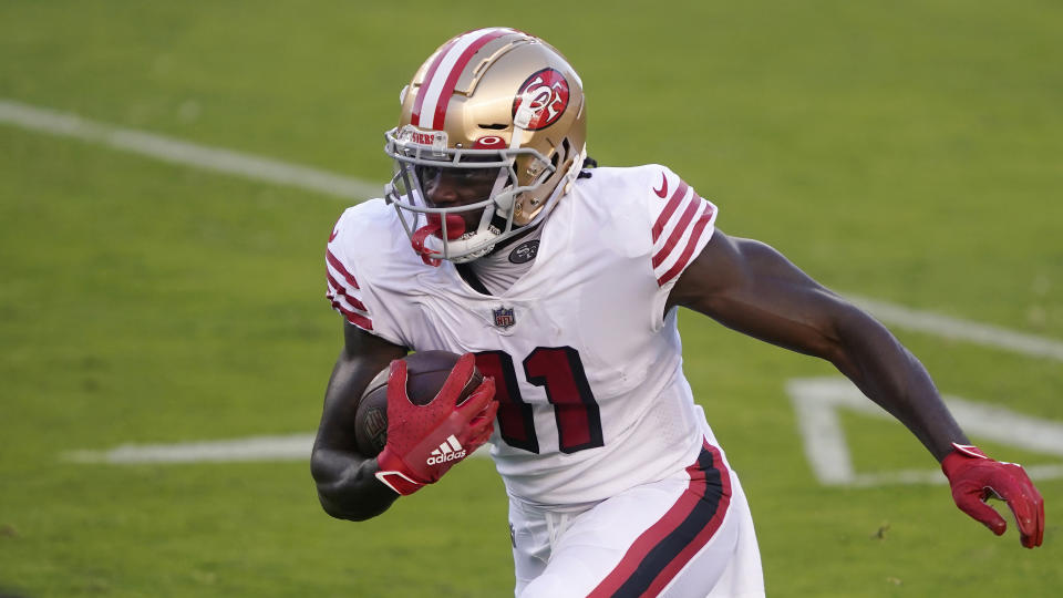 San Francisco 49ers wide receiver Brandon Aiyuk (11) reportedly didn't show interest in joining the Patriots. (AP Photo/Tony Avelar)