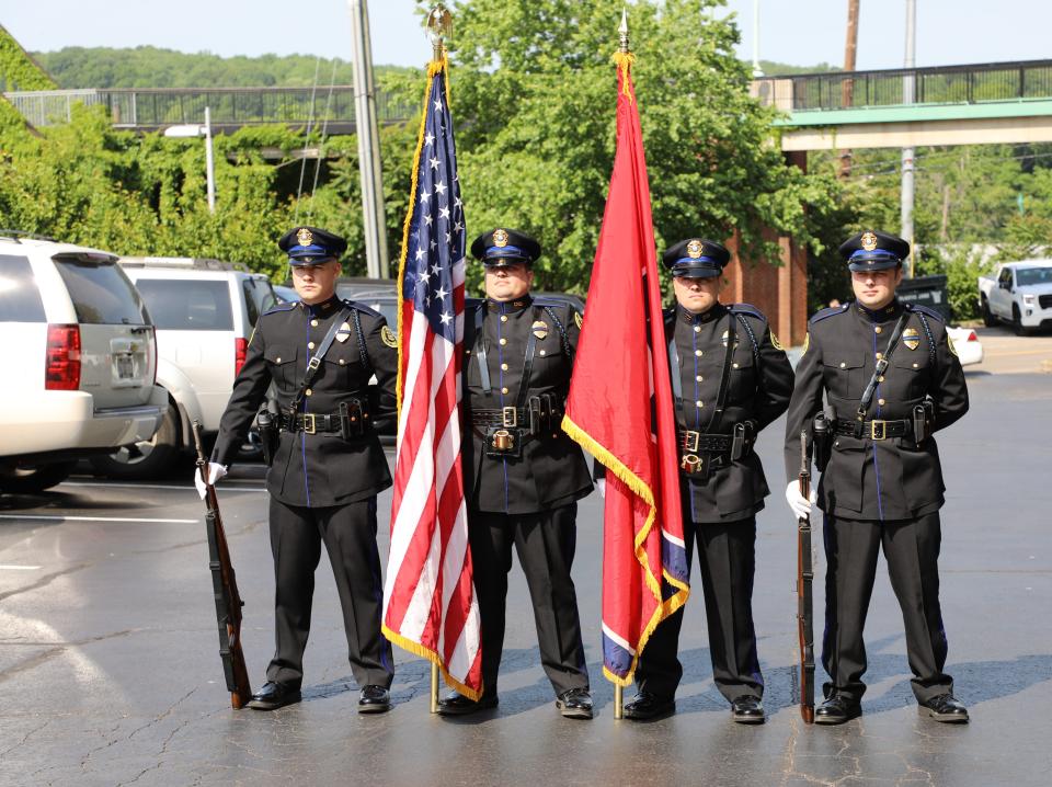 Members of the Clarksville Police Department and Montgomery County Sheriff's Office Color Guard prepare for the Law Enforcement Officer's Memorial 2022 ceremony.