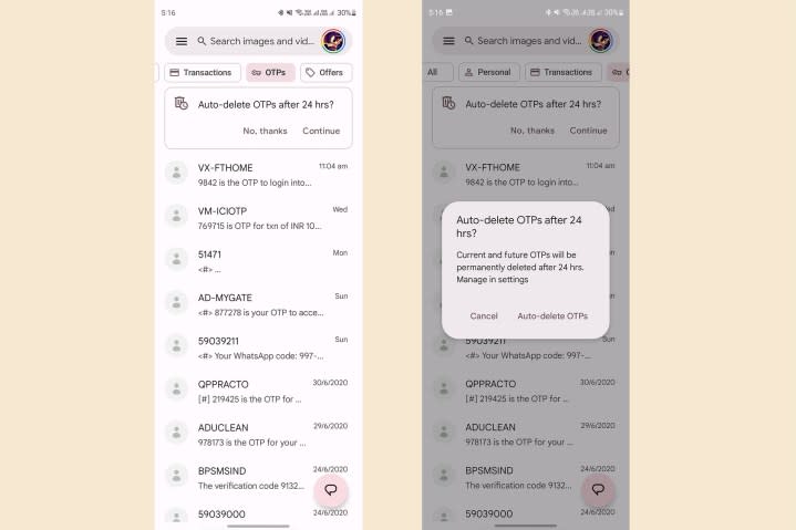 Google Messages automatic sorting OTP delete in 24 hours.