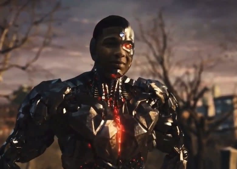 Cyborg standing in a cemetary in the daytime in "Zack Snyder's Justice League"