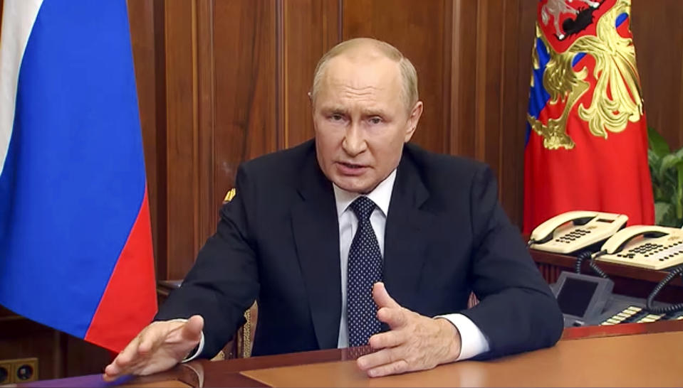 FILE In this image made from video released by the Russian Presidential Press Service, Russian President Vladimir Putin gestures as he addresses the nation in Moscow, Russia, Wednesday, Sept. 21, 2022. (Russian Presidential Press Service via AP, File)