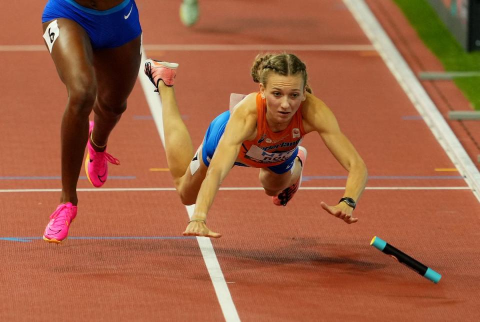 Femke Bol fell over at the end of the 4x400 mixed relay to miss out on a medal  (REUTERS)
