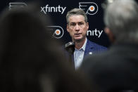 Philadelphia Flyers general manager Chuck Fletcher speaks during a news conference at the team's NHL hockey practice facility, Wednesday, Jan. 26, 2022, in Voorhees, N.J. The Flyers have lost a team-record 13 straight games.(AP Photo/Matt Rourke)