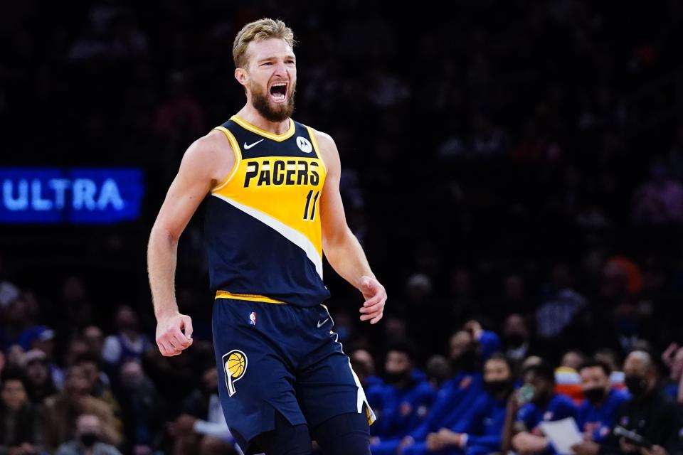 Indiana Pacers' Domantas Sabonis (11), of Lithuania, reacts after making a three point shot during the first half of an NBA basketball game against the New York Knicks Monday, Nov. 15, 2021, in New York. (AP Photo/Frank Franklin II)