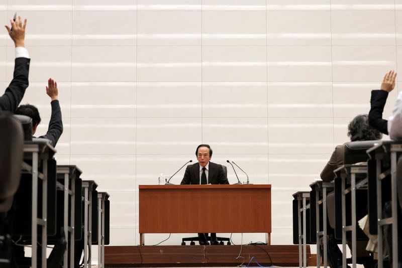 FILE PHOTO: Bank of Japan Governor Kazuo Ueda attends a press conference in Tokyo