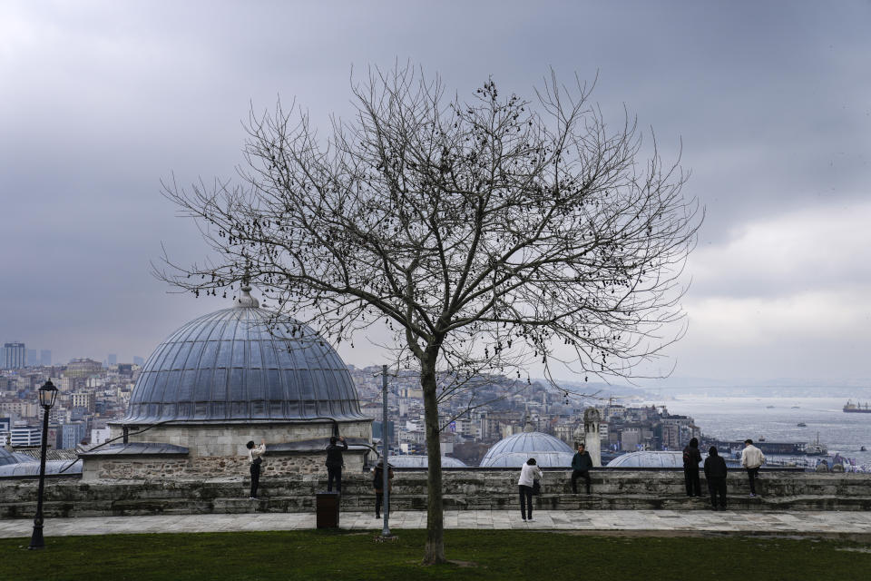 People look at the Bosphorus from Suleymaniye mosque courtyard in Istanbul, Turkey, Friday, March 15, 2024. (AP Photo/Khalil Hamra)