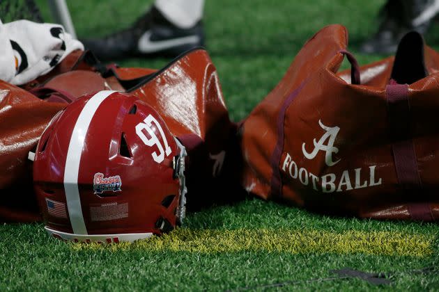 A helmet and ball bag are seen during a football game between the Alabama Crimson Tide and the Florida State University Seminoles on Sept. 2, 2017, in Atlanta.