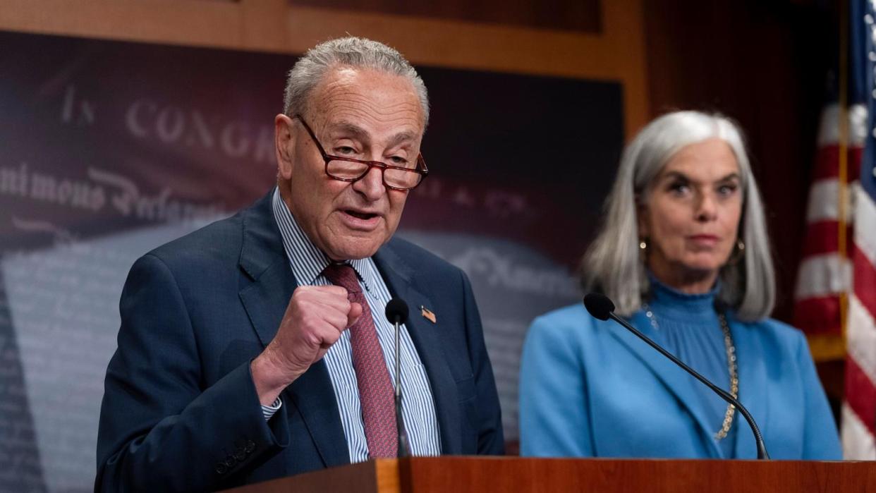 PHOTO: Sen. Chuck Schumer, accompanied by Katherine Clark, right, speaks about the Affordable Care Act at a news conference at the Capitol in Washington, Sept. 25, 2024. (Ben Curtis/AP)