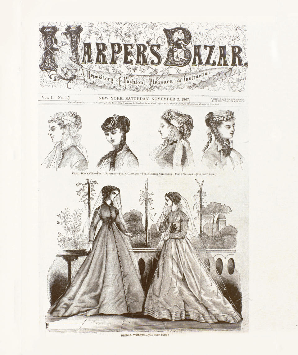 This image provided by Harper's Bazaar shows the first cover of the magazine dated Nov. 2, 1867. Madonna is one of 150 women chosen by editors of the Hearst magazine's 32 editions worldwide as the most fashionable women around the globe. The magazine's first-ever such list comes in celebration of its 150th anniversary, Editor-in-Chief Glenda Bailey said Monday, Jan. 9, 2017. (Harper's Bazaar via AP)