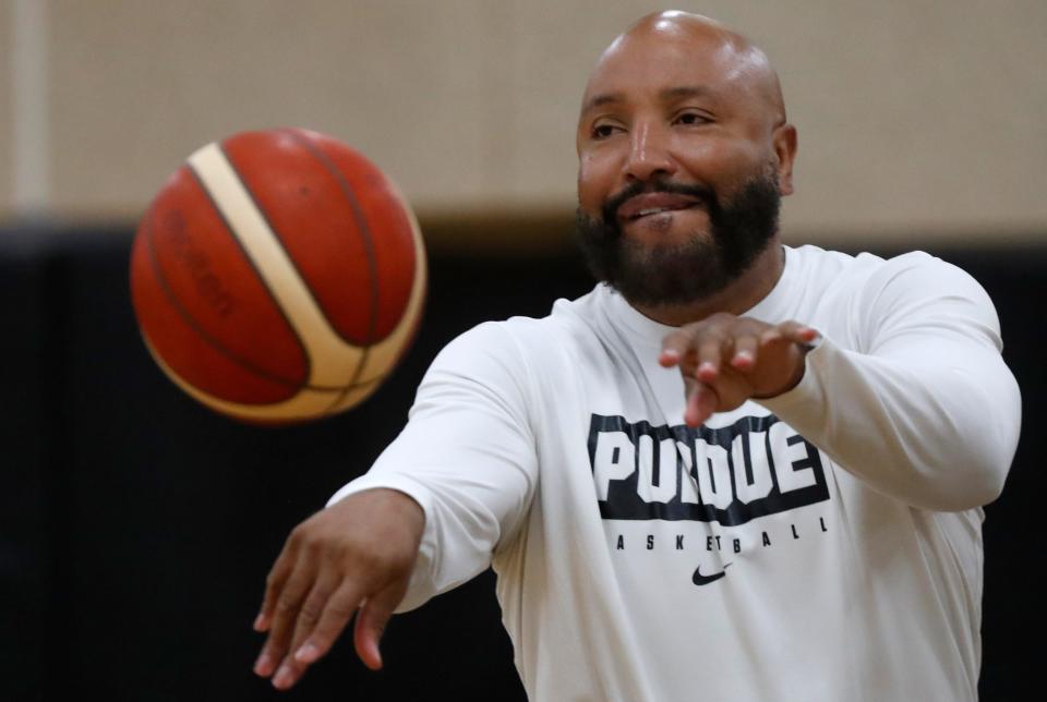 Purdue Boilermakers assistant coach Brandon Brantley passes the ball during basketball practice, Wednesday, Aug. 2, 2023, at Purdue University’s Cardinal Court in West Lafayette, Ind. 