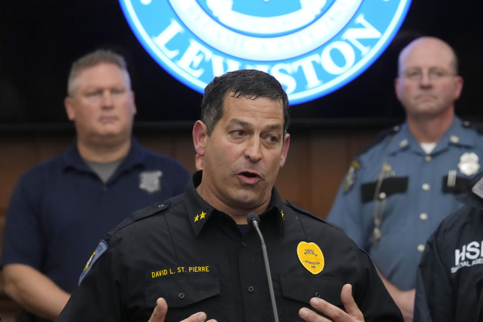 Lewiston Chief of Police David St. Pierre speaks during a news conference in the aftermath of a mass shooting, in Lewiston, Maine, Friday, Oct. 27, 2023. (AP Photo/Matt Rourke)