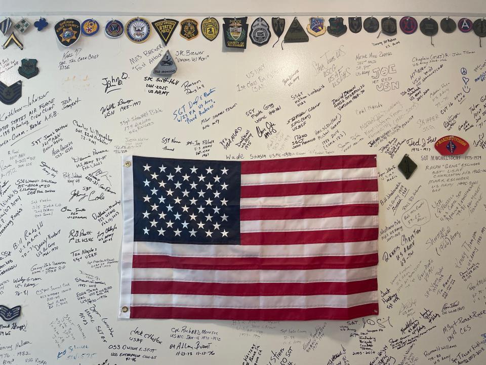 The name of Patches BBQ & More in Strawberry Plains refers to the collection of patches displayed on one wall, paying tribute to those who have served in the military and as first responders. That wall also showcases a large collection of signatures of guests who have served in one of those capacities or another.