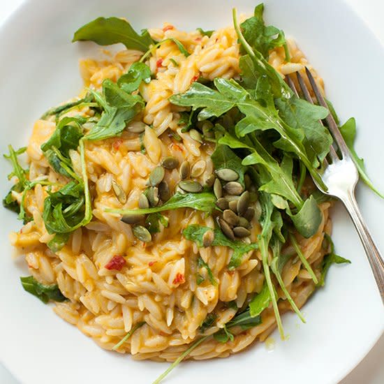 Spicy Cheddar and Pumpkin Orzo with Arugula