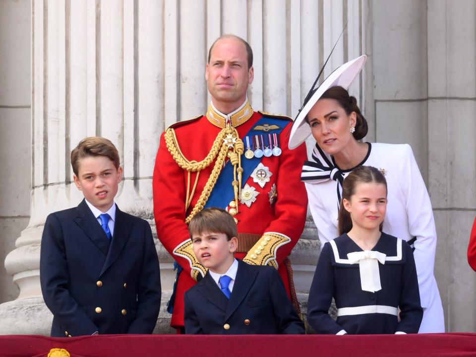 Prince William, Kate Middleton, Prince George, Prince Louis, and Princess Charlotte at Trooping the Colour 2024.