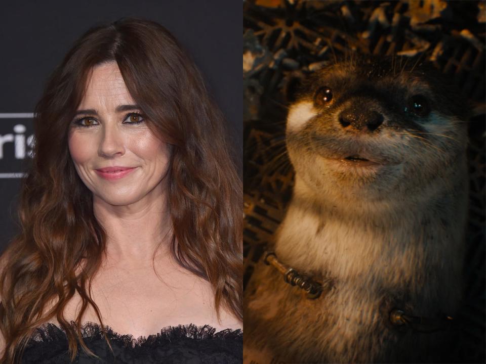 On the left: Linda Cardellini at the LA premiere of "Guardians of the Galaxy Vol. 3." On the right: Lylla, voiced by Cardellini, in "Guardians of the Galaxy Vol. 3."