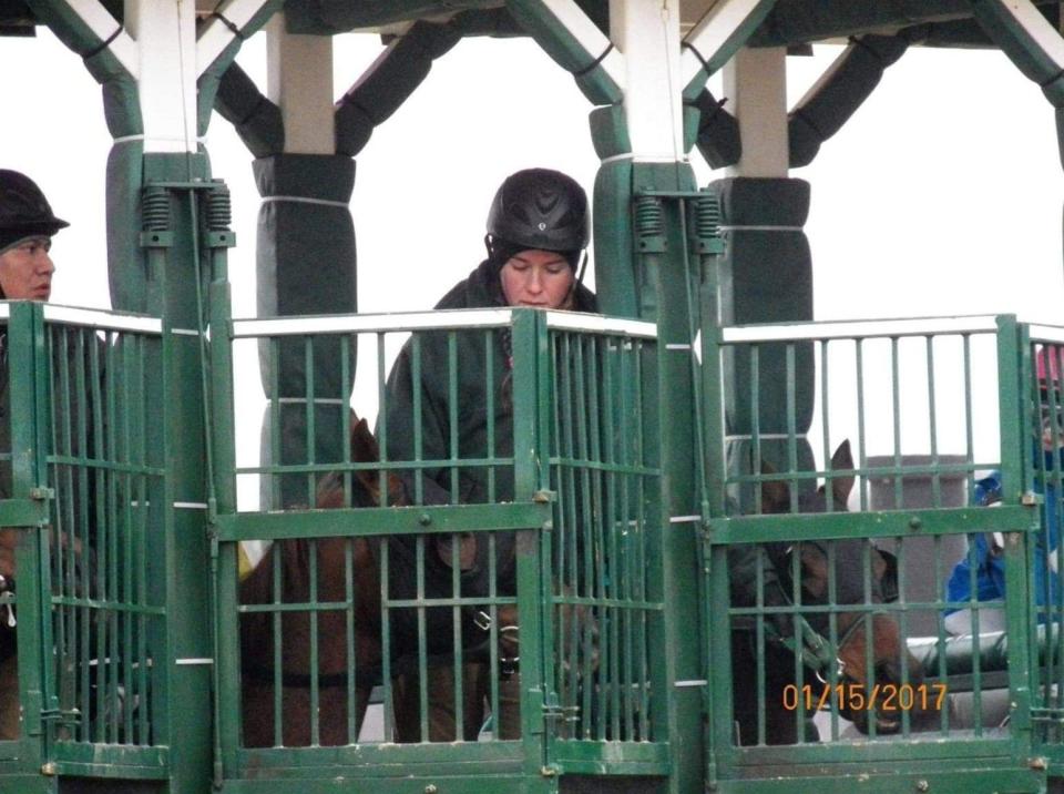 Cassie Dempsey, assistant starter at JACK Thistledown Racino, helps a horse load into the starting gate