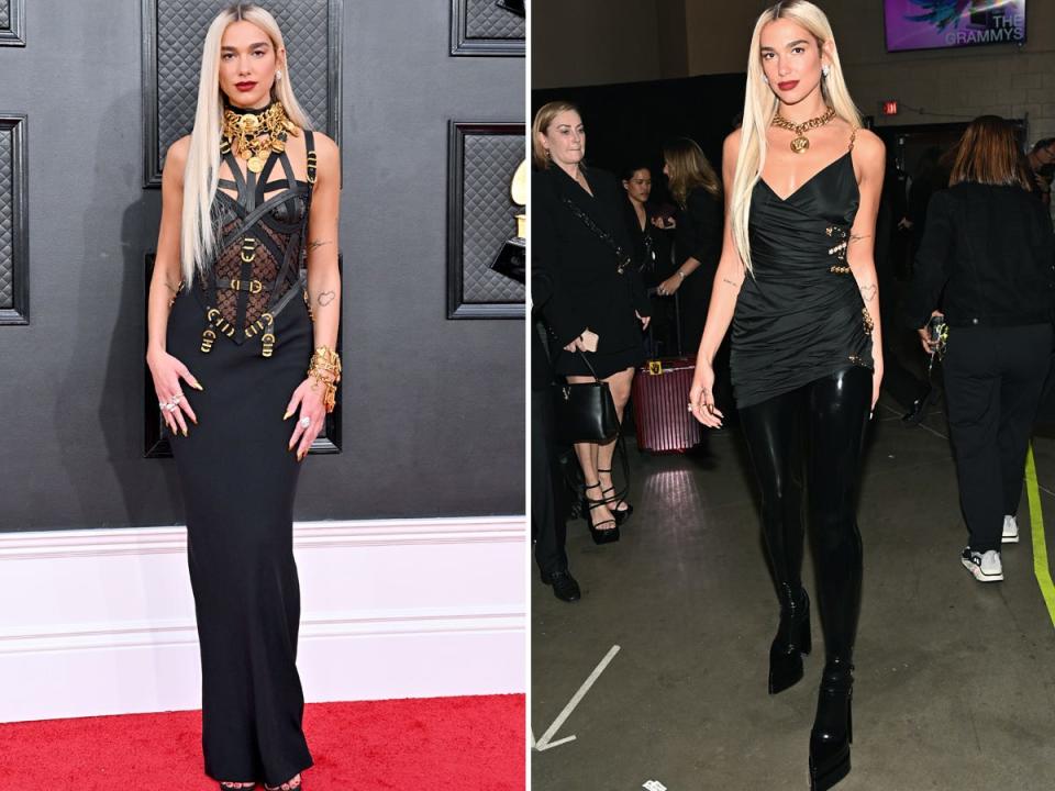 Dua Lipa wears two different outfits to the 2022 Grammys.