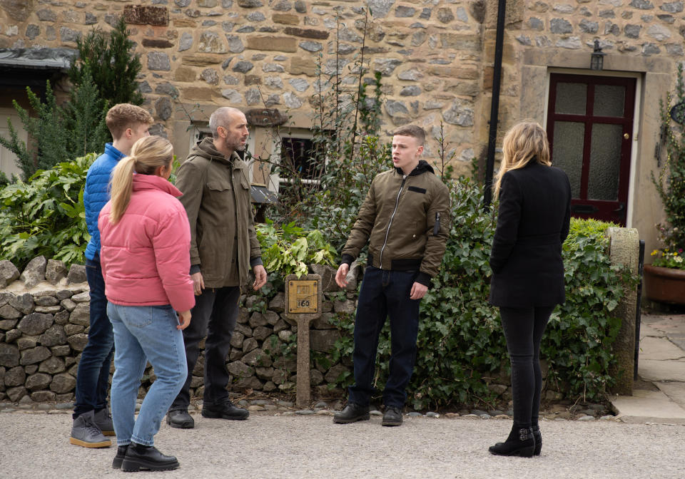 FROM ITV

STRICT EMBARGO
Print media - No Use Before Tuesday 21st March 2023
Online Media - No Use Before 0700hrs Tuesday 21st March 2023

Emmerdale - Ep 9638

Wednesday 29th March 2023

Samson Dingle [SAM HALL] is confronted from all angles by his angry friends and family and as the confrontation comes to a climax, Samson tries to wriggle off the hook but heâ€™s left shaken when an ashamed Sam Dingle [JAMES HOOTON] tells him to find elsewhere to liveâ€¦  

Picture contact - David.crook@itv.com

Photographer - Mark Bruce

This photograph is (C) ITV and can only be reproduced for editorial purposes directly in connection with the programme or event mentioned above, or ITV plc. This photograph must not be manipulated [excluding basic cropping] in a manner which alters the visual appearance of the person photographed deemed detrimental or inappropriate by ITV plc Picture Desk. This photograph must not be syndicated to any other company, publication or website, or permanently archived, without the express written permission of ITV Picture Desk. Full Terms and conditions are available on the website www.itv.com/presscentre/itvpictures/terms
