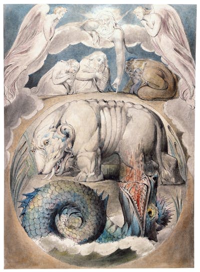 A faded illustration with a blue background, depicting angels, people and large, fantastic beasts.