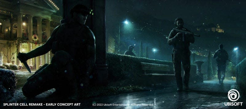 Some early Splinter Cell remake concept art of Sam Fisher preparing to stab a dude. 