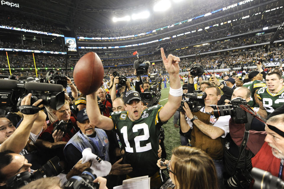 Aaron Rodgers after defeating the Pittsburgh Steelers in Super Bowl XLV in Arlington, Texas (Rob Tringali / Getty Images file )
