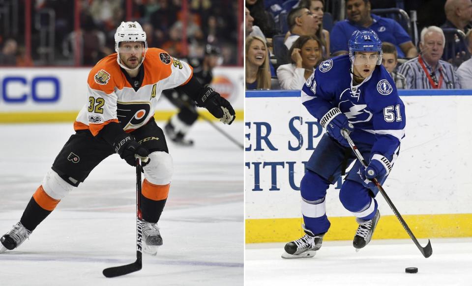 FILE - At left, in a Feb. 4, 2017, file photo, Philadelphia Flyers' Mark Streit plays during an NHL game against Tampa, in Tampa, Fla. At right, in a Feb. 23, 2016, file photo, Tampa Bay Lightning's Valtteri Filppula, of Finland, looks to pass against the Arizona Coyotes during the second period of an NHL hockey game in Tampa, Fla. The Tampa Bay Lightning acquired defenseman Mark Streit from the Philadelphia Flyers for center Valtteri Filppula and two draft picks. Philadelphia receives a 2017 fourth-round pick and conditional seventh-round pick in the trade. The teams announced the deal Wednesday afternoon, March 1, 2017, shortly before the trade deadline. (AP Photo/File)