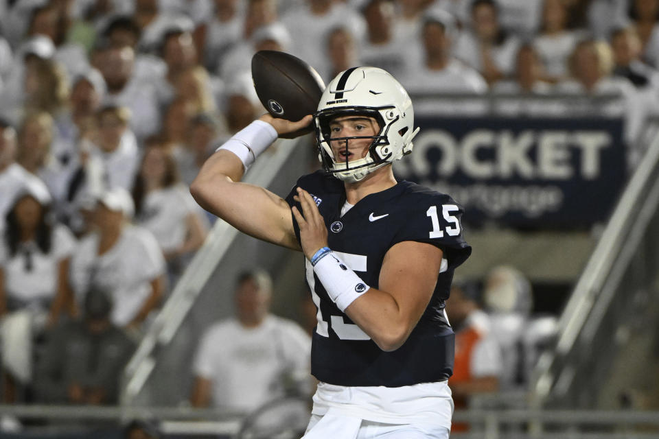 Penn State quarterback Drew Allar looks to pass during the first half of the team's NCAA college football game against West Virginia, Saturday, Sept. 2, 2023, in State College, Pa. (AP Photo/Barry Reeger)