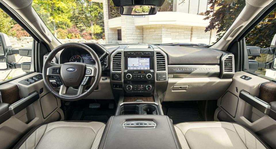 <p>Inside, the richly appointed Super Duty Limited pampers with leather seats, automatic climate control, a large touchscreen, and more. But every Super Duty's dashboard-even on the plasticky, low-trim models-benefits from a clean, ergonomic control layout. </p>