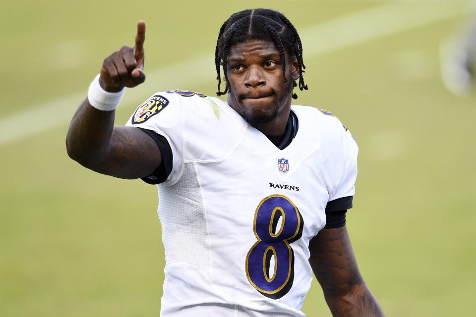 Baltimore Ravens' Lamar Jackson reacts as he walks off the field after winning an NFL football game against the Philadelphia Eagles, Sunday, Oct. 18, 2020, in Philadelphia. (AP Photo/Derik Hamilton)