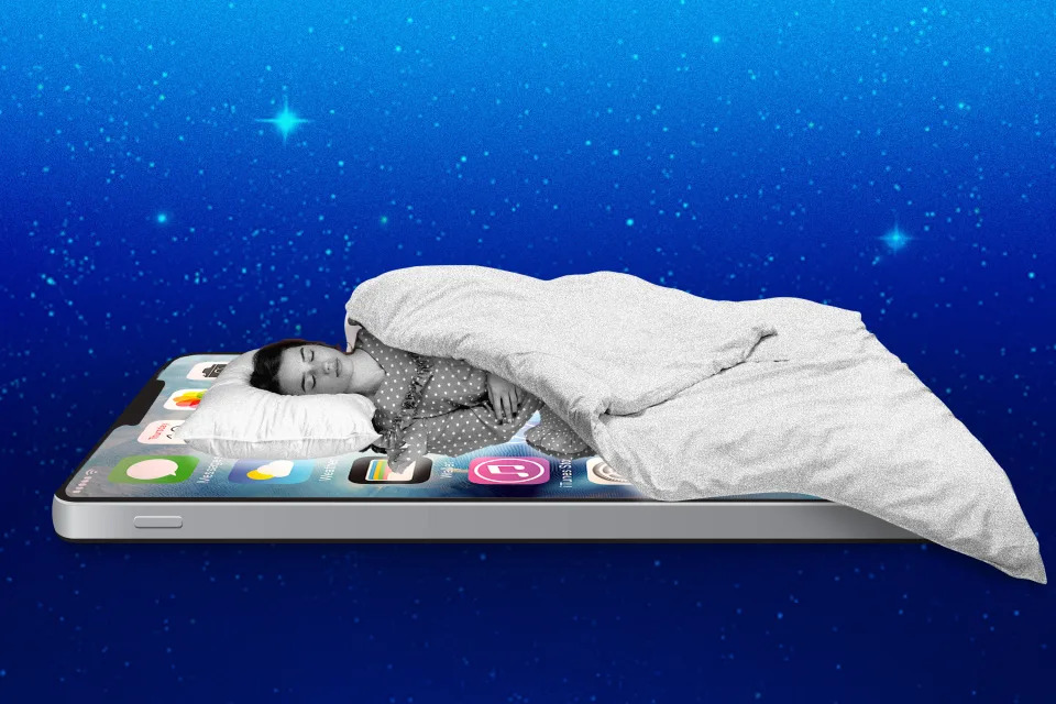 Photo illustration of a woman sleeping on a bed resembling an iPhone