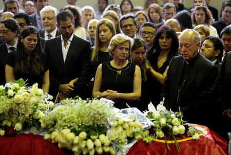 Archbishop Juan Luis Cipriani (R), Pilar Nores (C), former wife of Peru's former President Alan Garcia, family members and friends gather near the coffin holding Garcia's body during his wake, after he fatally shot himself on Wednesday, in Lima, Peru April 18, 2019. REUTERS/Guadalupe Pardo