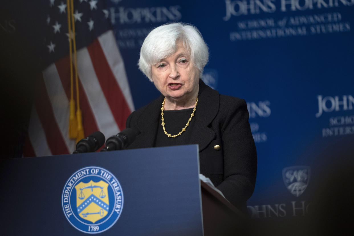 Treasury Secretary Janet Yellen speaks about the U.S.-China economic relationship at Johns Hopkins University School of Advanced International Studies in Washington, D.C., on Thursday, April 20. 