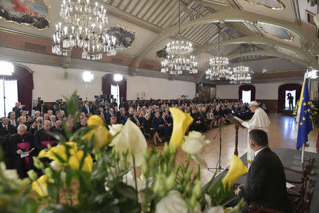 Pope Francis speaks during a welcoming ceremony at the Presidential Palace in Riga, Latvia, during the second leg of Pope Francis' trip to the Baltic states September 24, 2018. Vatican Media/Handout via REUTERS