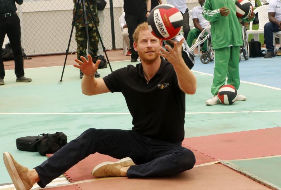 abuja, niregia may 11 britains prince harry, duke of sussex, and britains meghan not seen, duchess of sussex, attend an exhibition sitting volleyball match at nigeria unconquered, a community based charitable organization dedicated to aiding wounded, injured, or sick servicemembers, as part of celebrations of invictus games anniversary in abuja, nigeria on may 11, 2024 photo by emmanuel osodianadolu via getty images