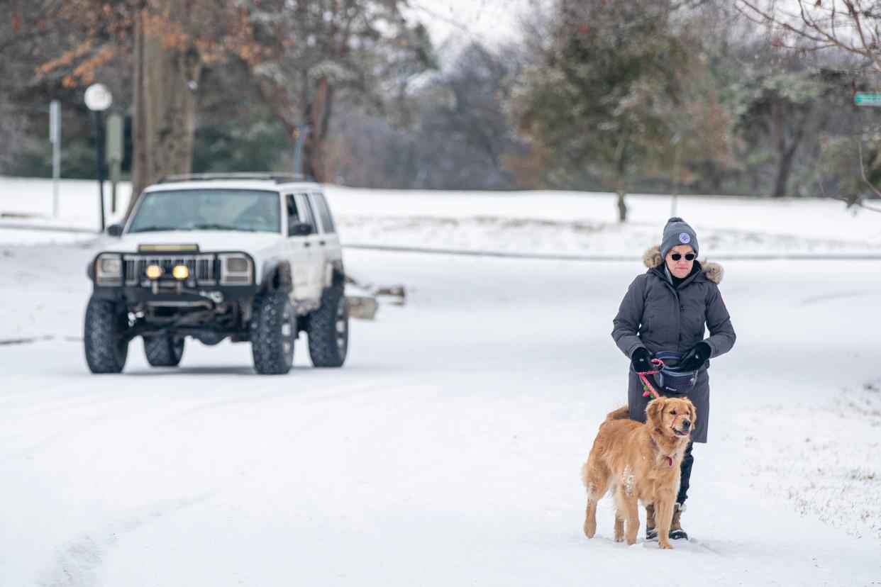 Julie Goldman walks her dog, Riley, at Cherokee Park on Friday moring. Feb. 4, 2022