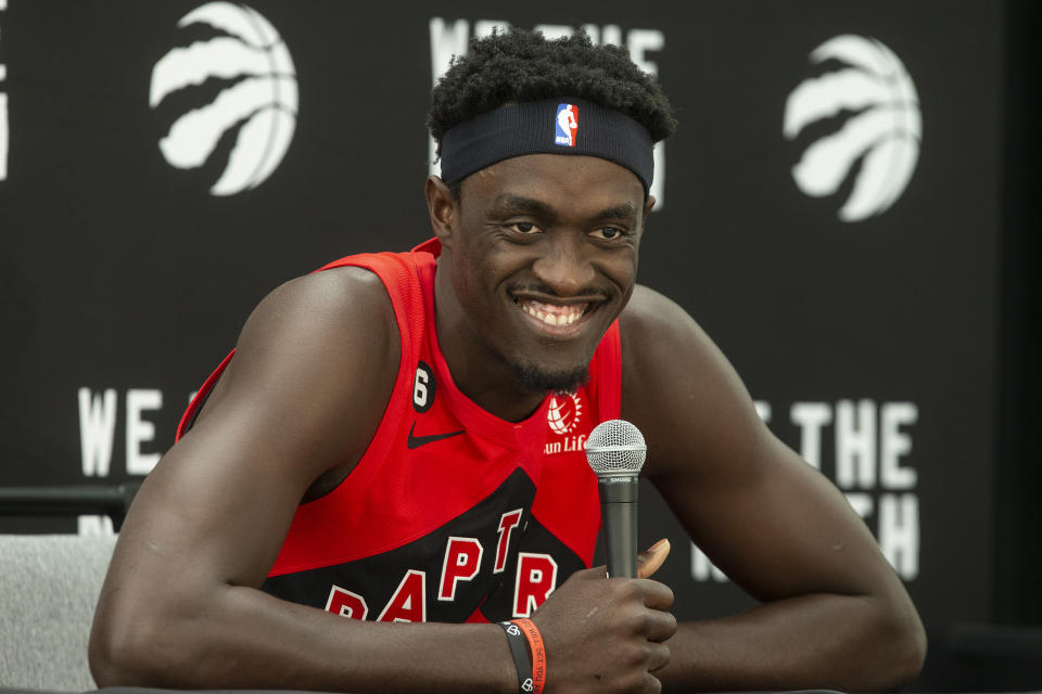 Toronto Raptors' Pascal Siakam speaks to reporters at the NBA basketball team's media day availability, in Toronto, Monday, Sept. 26, 2022. (Chris Young/The Canadian Press via AP)