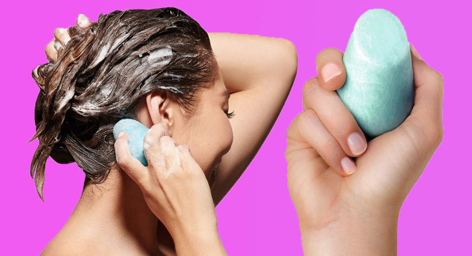 Woman using a Hibar shampoo bar