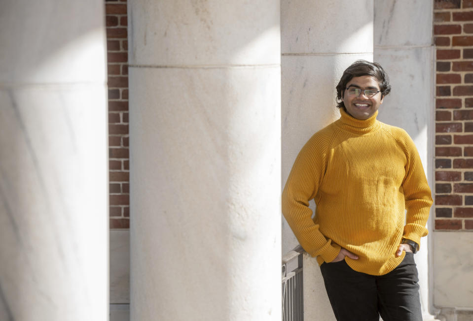 Pranay Karkale, a first-year graduate student at Johns Hopkins University from Nashik, India, stands at the university's campus in Baltimore on Sunday, Feb. 18, 2024. Karkale is working toward his Master of Science in engineering management. (AP Photo/Steve Ruark)