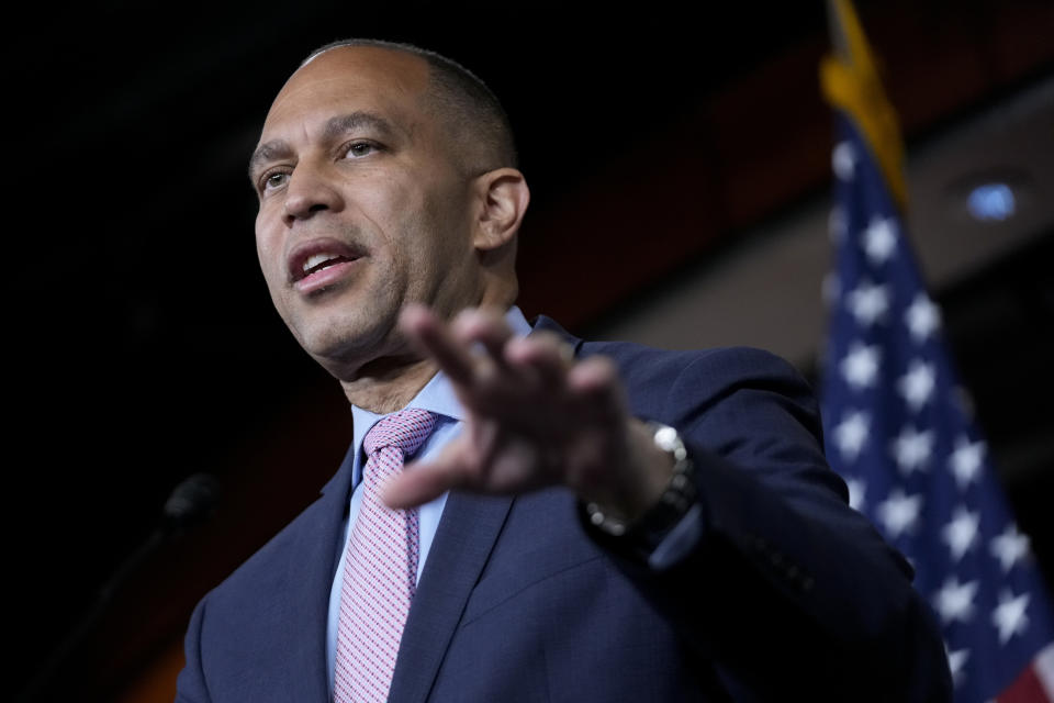 FILE - House Minority Leader Hakeem Jeffries of N.Y., speaks during a news conference on Capitol Hill in Washington, July 14, 2023. “Hidden and deceptive junk fees cost Americans billions of dollars every year," said Jeffries. "House Democrats will continue to work with President Biden to fight these excessive fees, hold corporations accountable and lower costs for families across the country.” (AP Photo/Patrick Semansky, File)