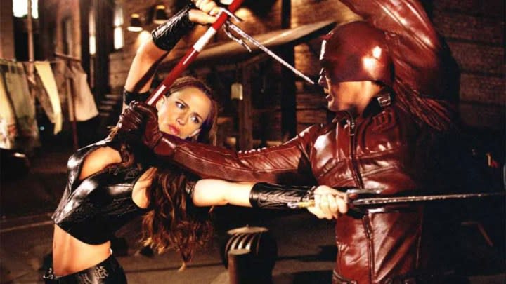 Jennifer Garner's Elektra takes on Ben Affleck's Daredevil in a scene from Daredevil.