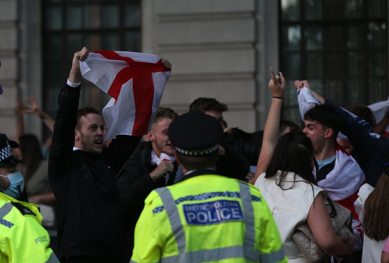 LONDON, ENGLAND - JULY 03: Fans of England celebrate after winning the UEFA EURO 2020 quarterfinal football match between Ukraine with 4-0, on July 3, 2021 in London, United Kingdom. (Photo by Hasan Esen/Anadolu Agency via Getty Images)