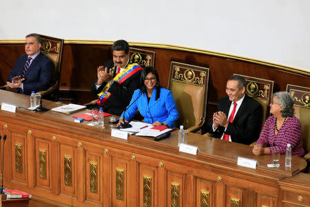 (L-R) Venezuela's Chief Prosecutor Tarek William Saab, Venezuela's President Nicolas Maduro, National Constituent Assembly President Delcy Rodriguez, Venezuela's Supreme Court President Maikel Moreno and Venezuela's National Electoral Council (CNE) President Tibisay Lucena attend a special session of the National Constituent Assembly at the Palacio Federal Legislativo in Caracas, Venezuela May 24, 2018. REUTERS/Marco Bello