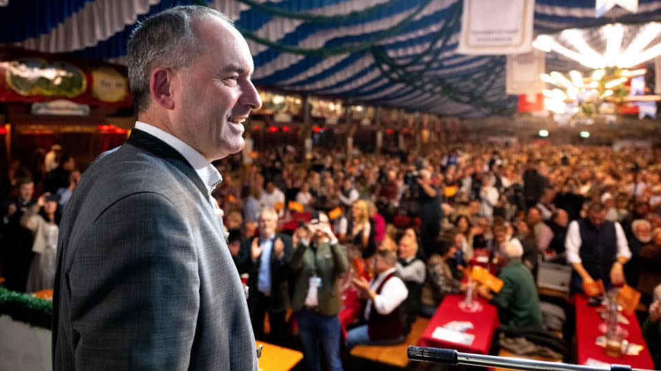 Hubert Aiwanger, leader of the Free Voters, stands in a beer tent at the Mainburg "Gallimarkt."  - Sven Hoppe/dpa/picture alliance/Getty Images