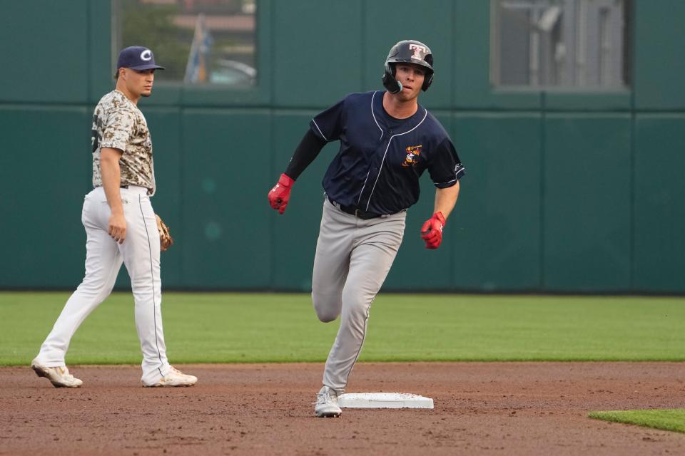 Jun 28, 2023; Columbus, Ohio, USA;  Toledo Mud Hens second baseman Colt Keith (39) runs the bases after hitting a home run in his first MiLB at-bat during the baseball game against the Columbus Clippers at Huntington Park. Mandatory Credit: Adam Cairns-The Columbus Dispatch