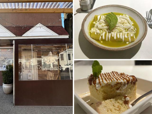 The exterior of Casa Enrique in a photo collage next to the restaurant's rajas con crema and pastel tres leches.