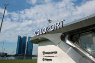 A prototype VoloPort vertiport set up seen at the Float @ Marina Bay on 21 October 2019. (PHOTO: Dhany Osman / Yahoo News Singapore)