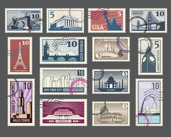 A collection of stamps displaying different landmarks from around the world.