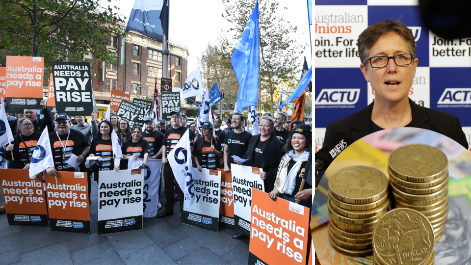 Left: Australians march in a rally in Sydney to raise the minimum wage. Right: ACTU secretary Sally McManus. (Source: AAP, Getty)