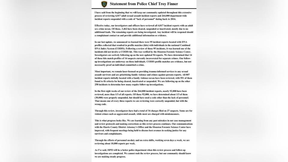 <div>Full statement from Houston Police Chief Troy Finner (Courtesy of Houston Police Department via Twitter)</div>